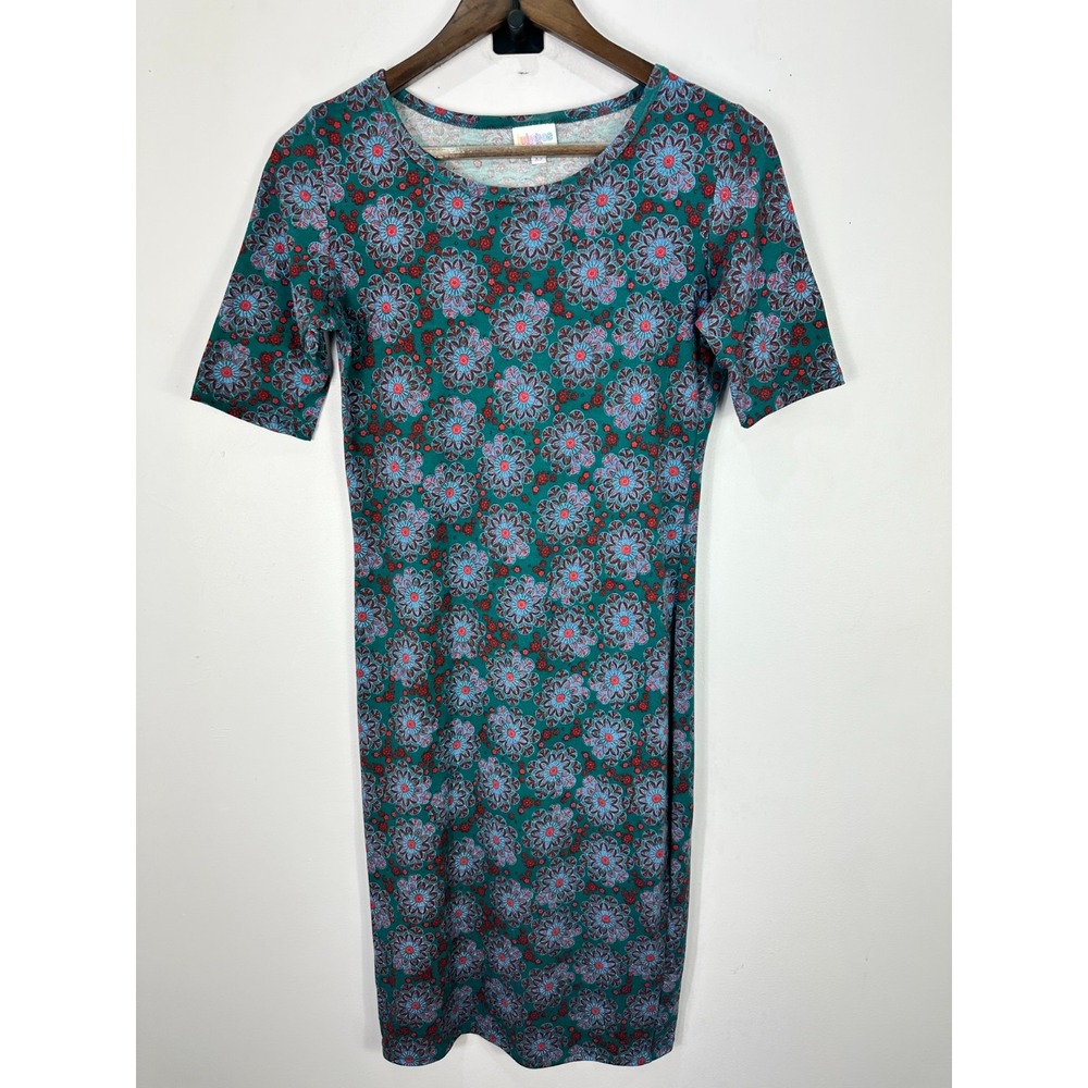 LuLaRoe XS Green Floral Geometric Print Bodycon Dress Made in USA Boho Retro